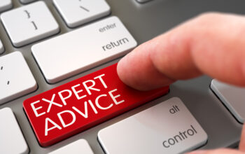 Man Finger Pressing Expert Advice Key on Modern Keyboard. Computer User Presses Expert Advice Red Key. Finger Pushing Expert Advice Keypad on White Keyboard. 3D.